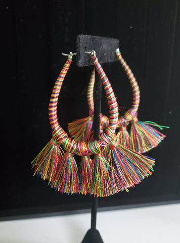 Multi-Color String Wrap Fringe Earrings