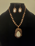 Bronze Leaf and Cream Stone Pendant Necklace Set