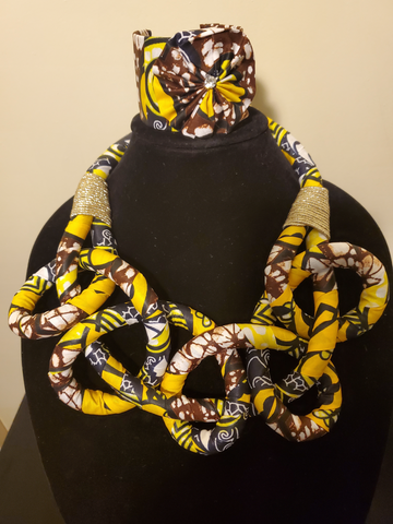 Large Multi Color  African Print Knotted Necklace-Yellow-Brown with Cuff