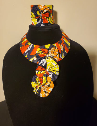 African Cloth Orange Print Choker and Cuff Set