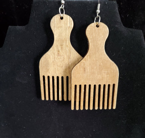 Afro Pick Wood Earrings