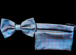 Blue with Pink Stripe Plaid Bow Tie and Handkerchief