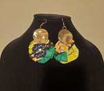 Gold Drop Earrings with Green-Yellow African Cloth Print