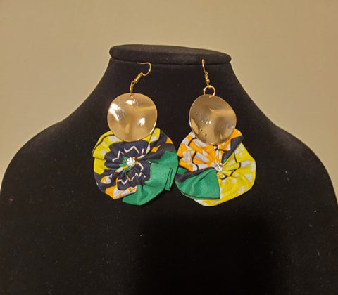 Gold Drop Earrings with Green-Yellow African Cloth Print