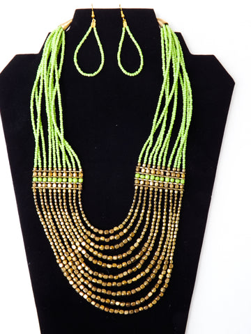 Gold and Lime Green Multi-String  Beaded Necklace Set