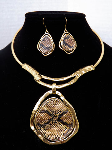 Gold with Brown and Black Snake Skin Pendant Choker Set