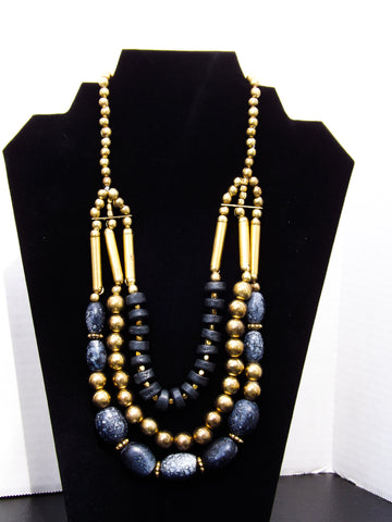 Navy Stone and Gold Beaded Necklace