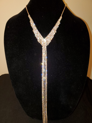 Gold Long Strand Clear Rhinestone Necklace